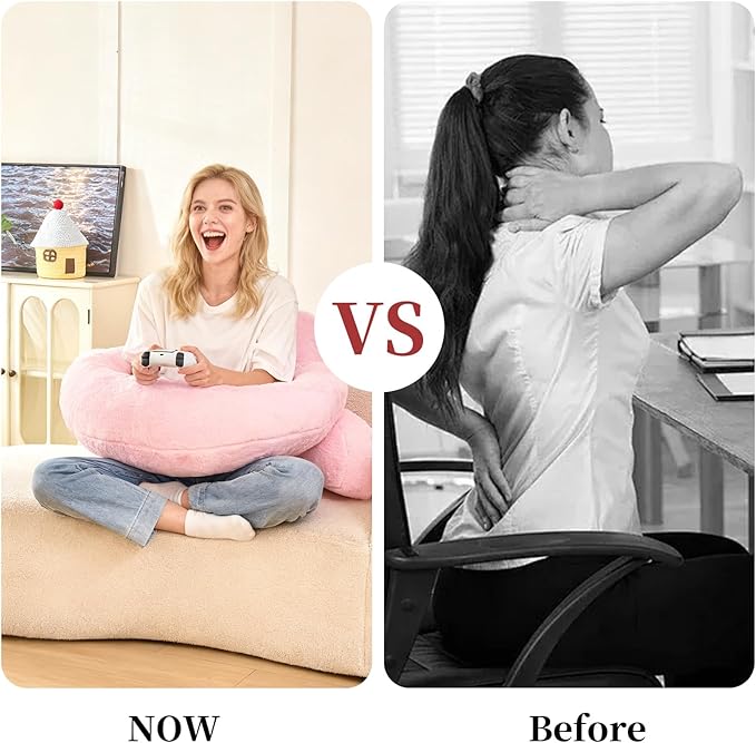 PAJEO Reading Pillow for Bed,U Shaped & Back Support Pillow for Bed,19" Backrest with Lumbar & Arm Support,Luxurious Faux Rabbit Fur,Gaming PillowFor Crochet/Reading/Watching TV,Pink