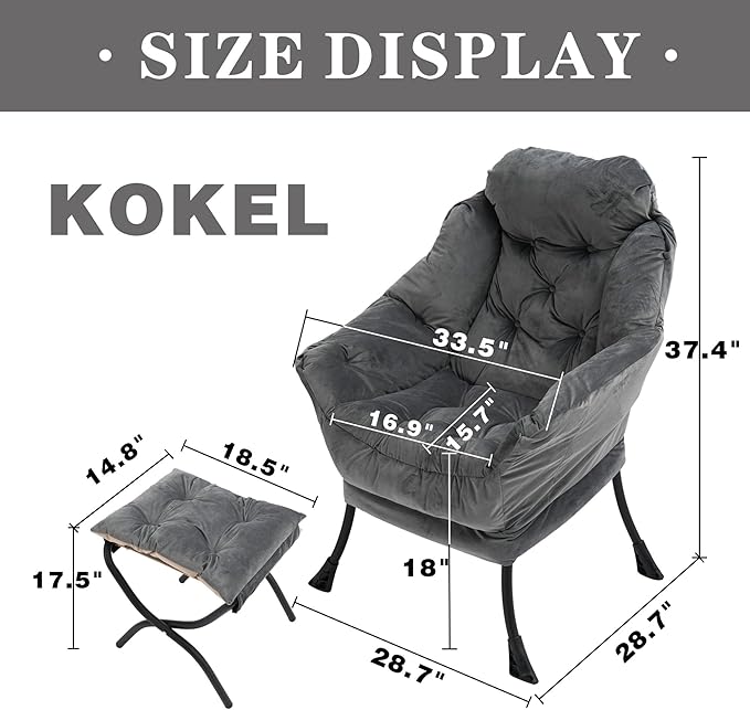 Kokel Lazy Chair with Folding Ottoman,Living Room Chairs, Accent Contemporary Lounge Chair, Single Steel Frame Leisure Sofa Chair with Armrests and A Side Pocket (Dark Gray)