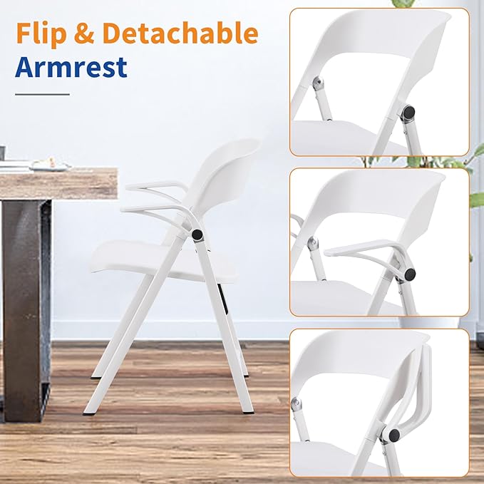 White Office Chair with Arms, Plastic Folding Chairs, Comfort Stackable Dining Chairs,Portable Foldable Chair with Steel Frame for Indoor, Outdoor, Wedding, Party, Lawn, Yard, Beach, 2Pack