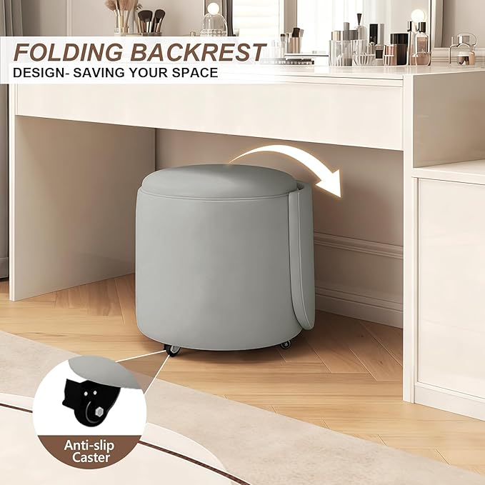 Rolling Round Vanity Chair with Storage, Swivel Makeup Chair with Folding Back, PU Leather Small Upholstered Ottoman for Bedroom Living Room