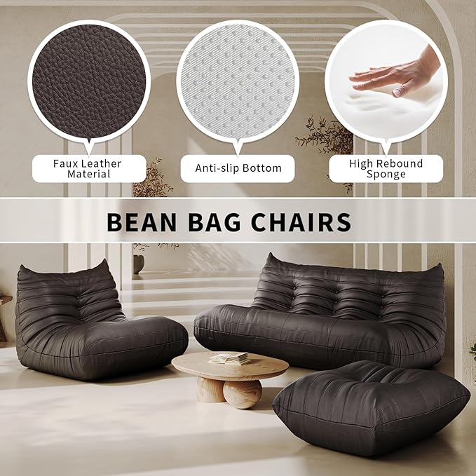 Foam Bean Bag Chairs for Adults,Big Faux Leather Bean Bag Sofa,Floor Lazy Couch for Living Room Bedroom Dorm Office