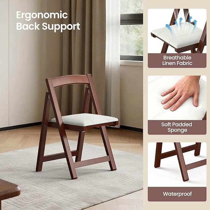 Wood Folding Chairs, 1pc Portable Foldable Chair with Padded Seats, Stackable Collapsible Chair for Outside Indoor Wedding Party Restaurant Meeting Room Patio Events Camping and Garden