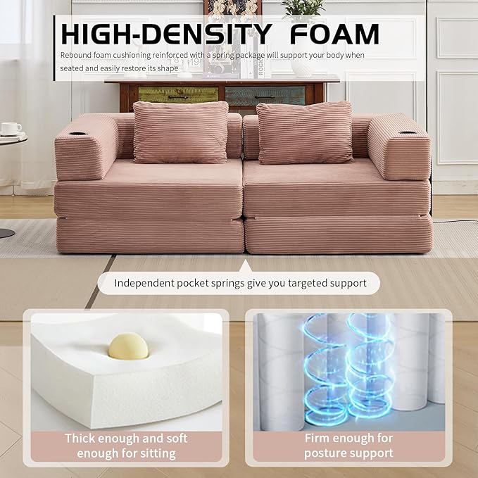 78" Loveseat Sleeper Sofa, 4 in 1 Convertible Floor Sofa Bed, Boneless Cloud Couch with Cup Holder, Fold Out Floor Couch for Living Room Bedroom Lounge, Corduroy, Pink
