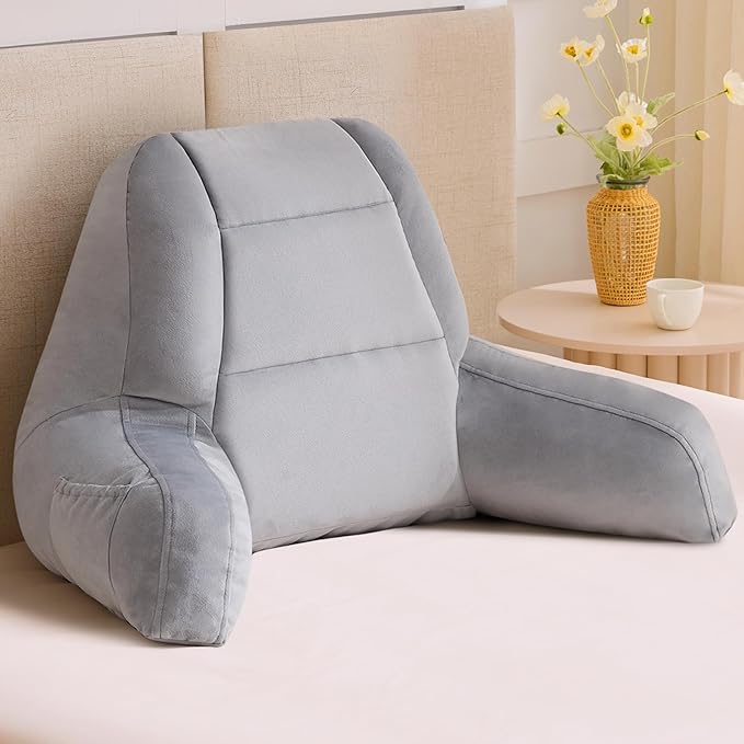 IASEAHK Reading Pillows for Sitting in Bed Adult, Back Pillow for Bed Sitting Up, Backrest Pillows with Shredded Foam for Adult&Teens, Support Pillow with Arms for Beds, Couch, Floor, 24in, Grey