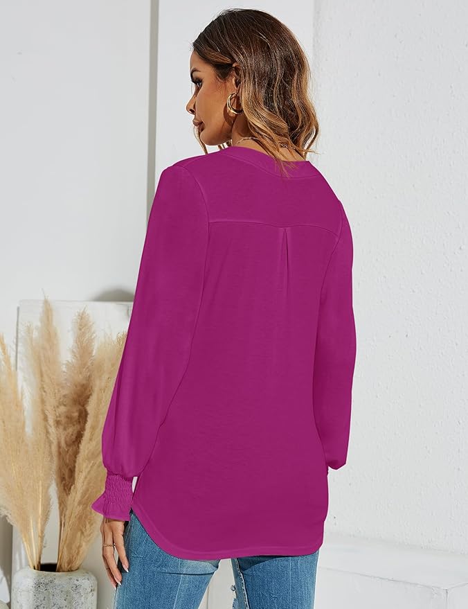 Romanstii Women's Casual V-Neck T-Shirts Loose Puff Long Sleeve Tops Tunic Blouses