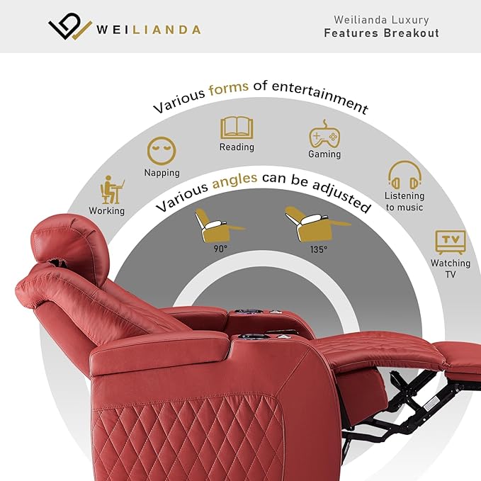 Weilianda Home Theater Seating Top Grain Leather Zero Gravity Recliner Chair Power Headrest Recline Movie Seat Gaming 7 Colors Mood Light Sofa with Tray Table USB Charge Row of 3 Loveseat Left Red