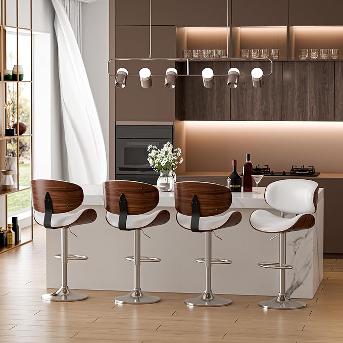 Aowos Bar Stools Set of 3, Adjustable Swivel Barstools Mid-Century Modern PU Leather Counter Height Bar Stool, Kitchen Island Barstools with Back (White)