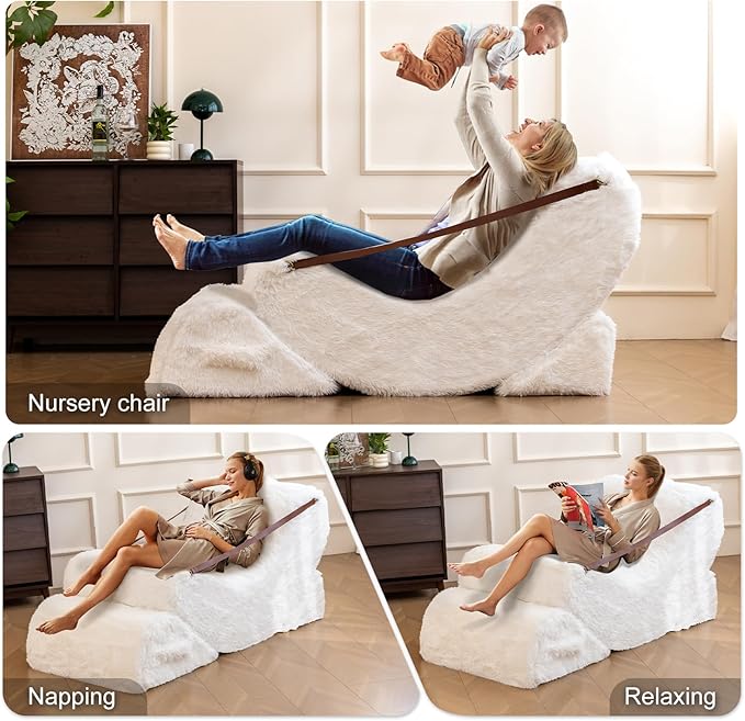 Modular Comfortable and Cozy Bean Bag Chair for Adults, Filled with Memory Foam, Featuring Plush Fabric, with Detachable Footrest & Adjustable Angle for Bedroom, Living Room and Nursery(White)