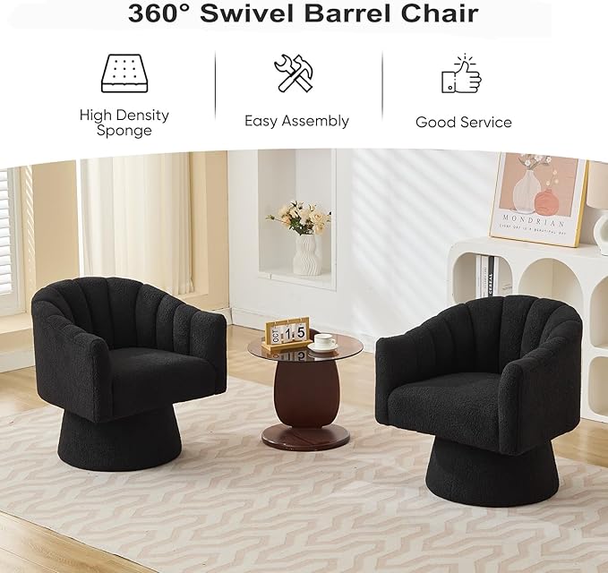 Swivel Accent Chair Set of 2, Upholstered Teddy 360° Swivel Barrel Chair for Living Room Overstuffed Bouncle Reading Chair Round Armchair for Bedroom,Vanity,Office-Black