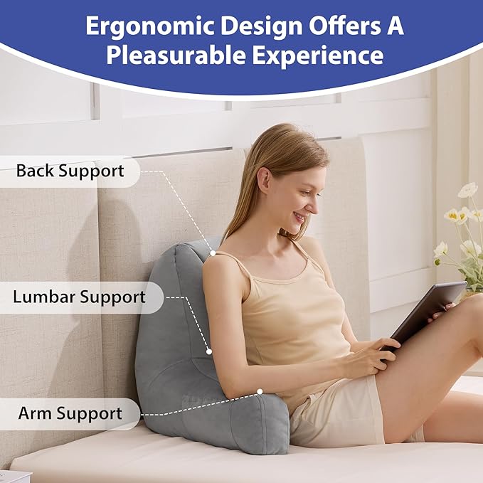 IASEAHK Reading Pillows for Sitting in Bed Adult, Back Pillow for Bed Sitting Up, Backrest Pillows with Shredded Foam for Adult&Teens, Support Pillow with Arms for Beds, Couch, Floor, 20in, Grey