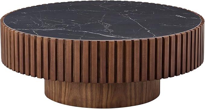 35.43''/90CM Modern Drum Coffee Table, Luxury Circle Wood Coffee Table for Apartment,Small Space (Walnut, Ø35.43 x 13.77 Sintered Stone Tabletop)