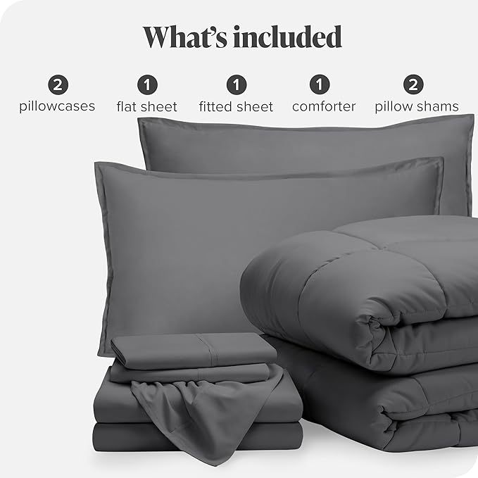 Bare Home Bed-in-A-Bag 7 Piece Comforter & Sheet Set - Queen - Goose Down Alternative - Ultra-Soft 1800 Premium - Bedding Set (Queen, Grey/Grey)