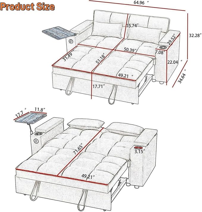 oaaktu Large Size Convertible Sleeper Sofa Bed,Polka dot Velvet Pull Out Futon Couch with Storage handrails & Rotating Side Tables,Convertible Sofa Couch for Living Room,RV