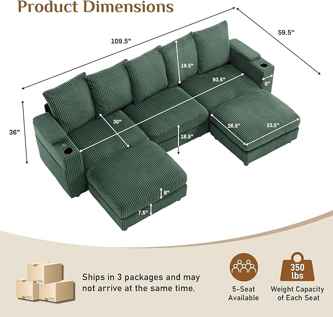 110" W x 60" D U Shape Sectional Sofa with USB Charging & Cup Holder & Storage, 5 Seater Plush Corduroy Couches with Movable Ottoman, Cloud Couch Sofas for Living Room, DIY Combination - Green