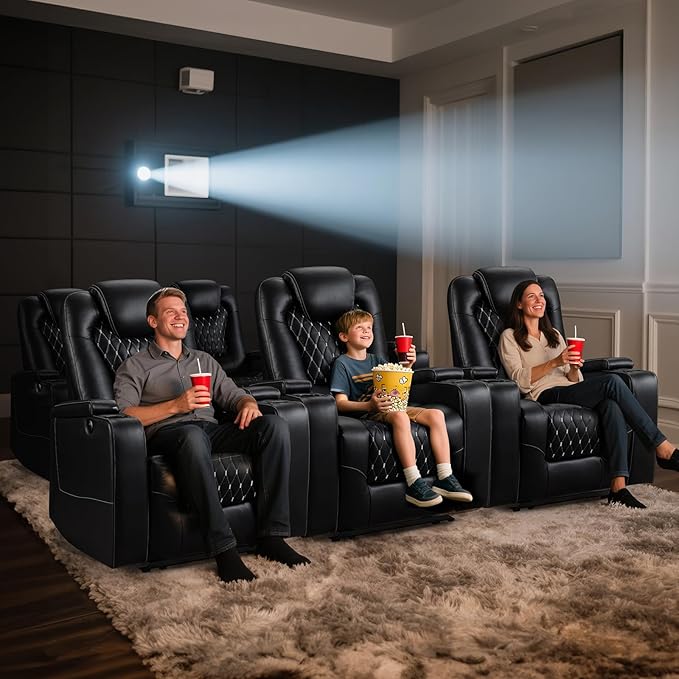 ANJ Power Recliner Chair Set of 3, Electric Soft Leather Reclining Home Theater Seating - USB Ports, Cup Holders, Hidden Arm Storage Movie & Media Room Chairs (Black)