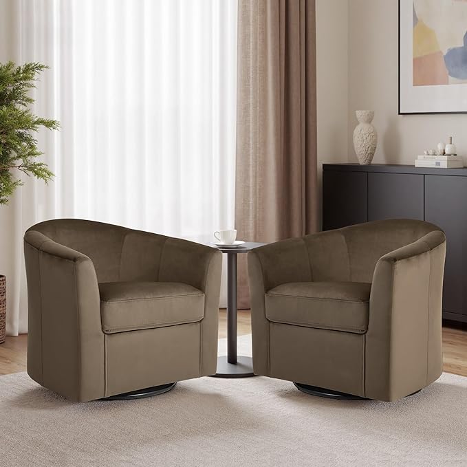 DREAMSIDEA Swivel Accent Chair, Upholstered Velvet Barrel Armchair, Modern Round Single Sofa Seating Comfy Reading Corner Chairs for Living Room Bedroom, Fully Assembled (Velvet Coffee, Set of 2)