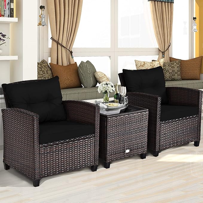 RELAX4LIFE 3 Piece Patio Furniture Set, Wicker Bistro Conversation Set w/ 2 Cushioned Armchairs & Glass Topped Table, Outdoor Rattan Sofa Set Patio Furniture for Porch Balcony Poolside (Black)