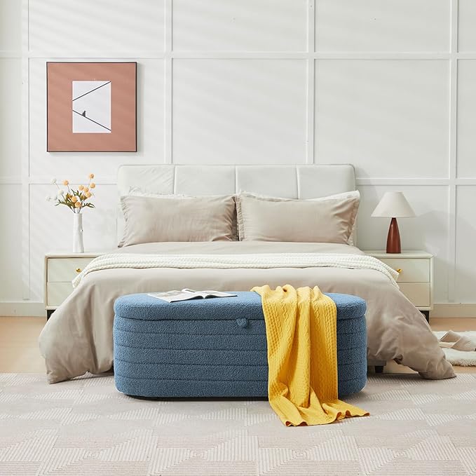 Storage Ottoman Bench End of Bed for Bedroom,45 inch Boucle Upholstered Entryway Shoe Seat Bench w/Storage,Sherpa Modern Padded Blanket Chest Stool Foot Rest for Living Room,Window Seating,Blue