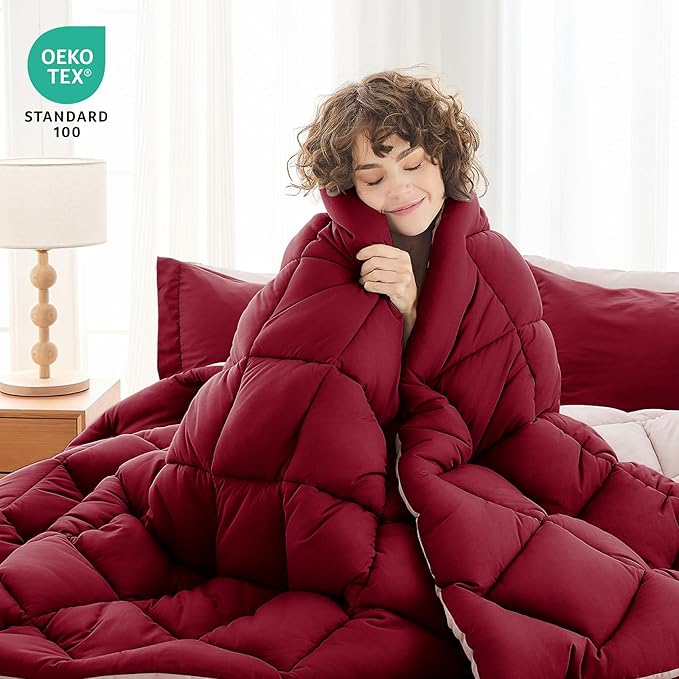 MUXHOMO 7 Pieces Queen Comforter Set, Reversible Bed in a Bag Queen Size, All Season Bedding Set with Comforter, Flat Sheet, Fitted Sheet, Pillowcases & Shams, Burgundy & Rose Gold