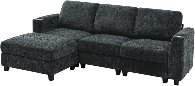Lesofair 87" Chenille Sectional Sofa with Movable Ottomans, Modular L-Shape Couch with Cup Holders, Convertible 3 Seater Sofa with Well-Filled Backrest Cushions for Living Room, House, Grey