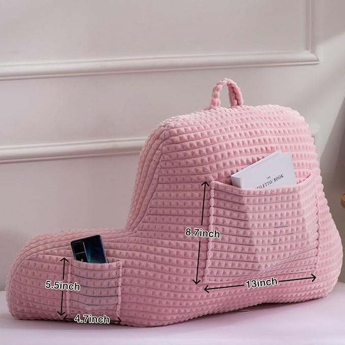 A Nice Night Reading Pillow Bed Wedge Large Adult Children Backrest with Arms Back Support for Sitting Up in Bed/Couch for Lounging Bedrest,Waffle Stereoscopic Design,Pink