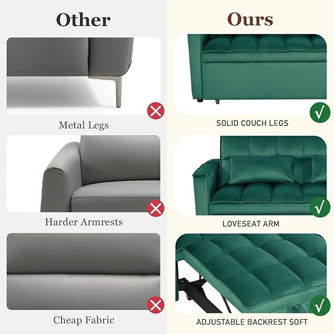 3 in 1 Convertible Sleeper Sofa Bed, Futon Couches for Living Room with Side Pocket | Adjustable Backrest| Velvet Fabric | Pull Out Couch | Love seat Sofa|2-seat Sofa Bed (Green)
