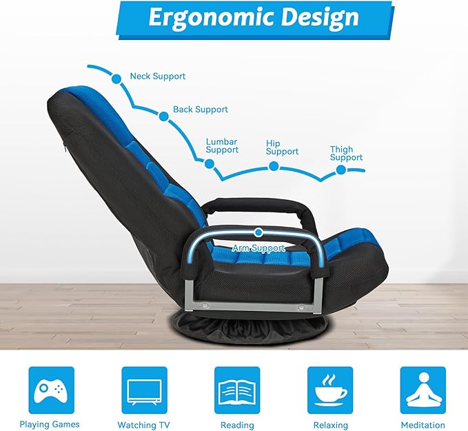 360 Rotating Swivel Gaming Chair w/6 Adjustable Positions Backrest Foldable Floor Chairs Suitable for Reading, Relaxing, Mediation,Blue