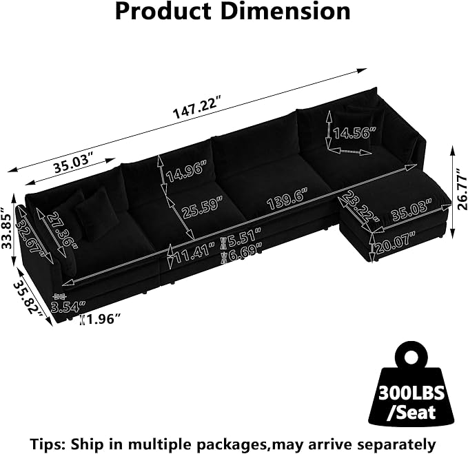 Aoowow Modular Sectional Sofa Modern Convertible L Shaped Couch,147.2 Inch Deep 4-Seater Sofas Set Comfy Chenille Cloud Sofas and Couches with Movable Ottoman for Living Room Apartment（Black）