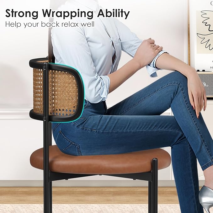 Farini Dining Chairs Set of 4, PU Leather Upholstered Seat with Woven Rattan Back, Sturdy Metal Legs Modern Side Chairs for Kitchen Living Room Restaurant, Brown