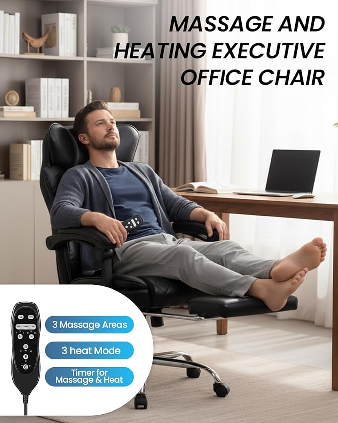 Massage Chair with Footrest and Wider Upholstered Seat, Ergonomic Executive Vibration & Heat Office Chair for Heavy People, Big and Tall Reclining Desk Office Chair for Home Office, Black