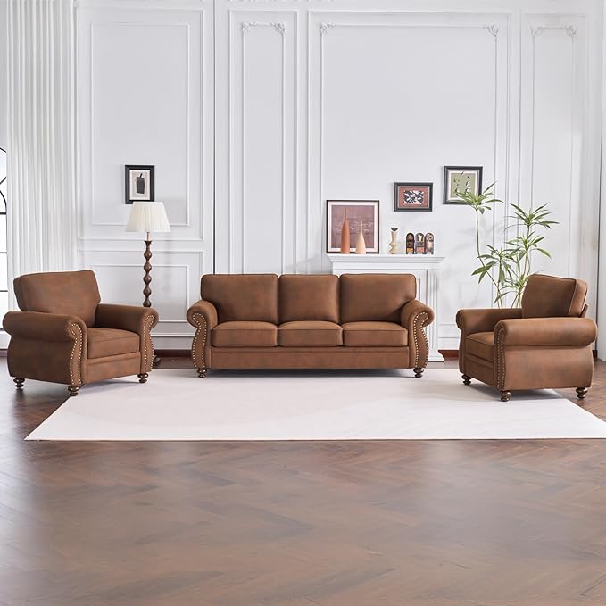 Couchus Living Room Furniture Sets,Sofa Sets and Couch Sets for Living Room,Mid-Century Vintage Sofa Couches with Rivet Design (Caramel, 2 Single+3 Seater)