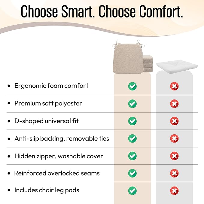 D-Shaped Indoor Chair Cushions 17" x 16" for Kitchen & Dining Chairs – 2'' Thick Seat Pads with Ties & Non-Slip Backing, High-Density Foam, Machine-Washable Covers, Set of 4 with Chair Leg Pads, Beige