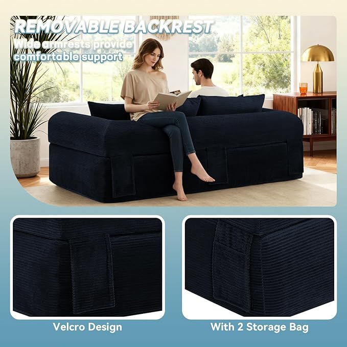 GJQ 83" 3 Seater Sofa Bed,Corduroy Sofa in a Box with 4 Pillows & Storage Pocket,Boneless Couch for Living Room,Convertible Couch Bed,No Assembly Required,Navy Blue