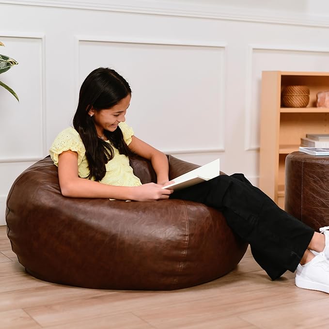 Factory Direct Partners 35" Rustic Western Bean Bag Chair; Distressed Faux Leather, Low to Ground for Reading, Playing Video Games and Relaxing; Flex Seating for Home and School - Walnut, 10478-323