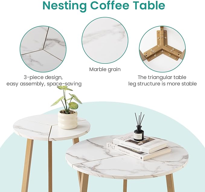 SUNBURY Coffee Table Nesting White Set of 2, Round Coffee Table 23.6", Side Tables for Living Room Bedroom Balcony Yard