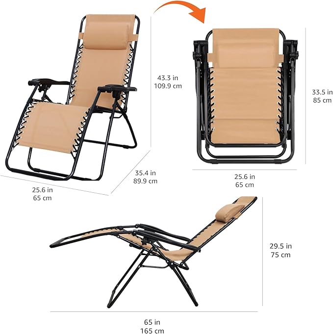 Amazon Basics Outdoor Patio Zero Gravity Lounge Chair with Pillow, Folding Reclining and Textilene Adjustable, Folding Lounge Lawn Chairs for Outside, 26", Beige