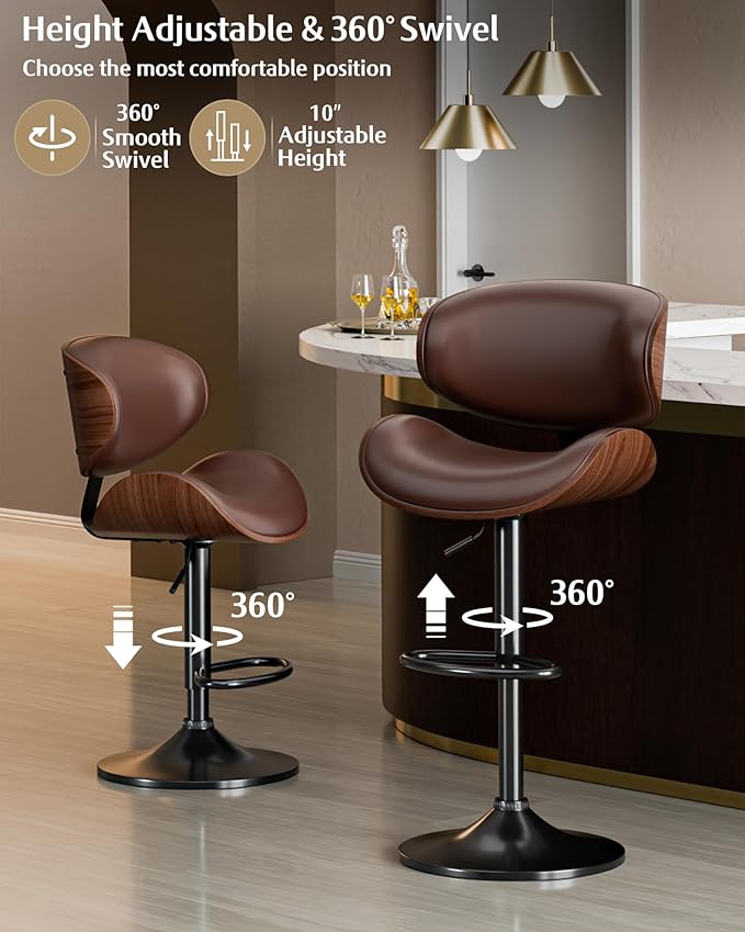 Aowos Bar Stools, Adjustable Swivel Barstools for Kitchen Island, Mid Century Modern Leather Upholstered Counter Height Bar Chairs with Back & Footrest (Brown 1PCS)