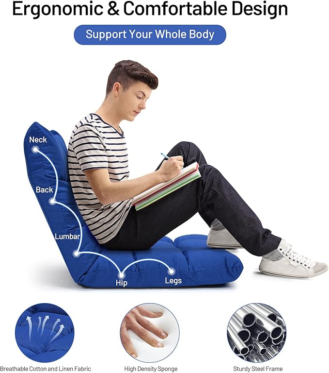 Giantex Floor Sofa Chair Video Gaming Chair with 14 Adjustable Position, Padded Back Support Floor Cushioned Seat, Folding Lazy Chair for Meditation, Reading, Watching, Living Room Recliner(Blue)