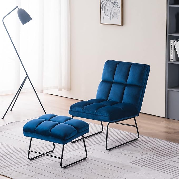 MCombo Velvet Accent Chair with Ottoman Set, Modern Armless Chair for Living Room, Bedroom, Small Space 0014 (Velvet, Blue)