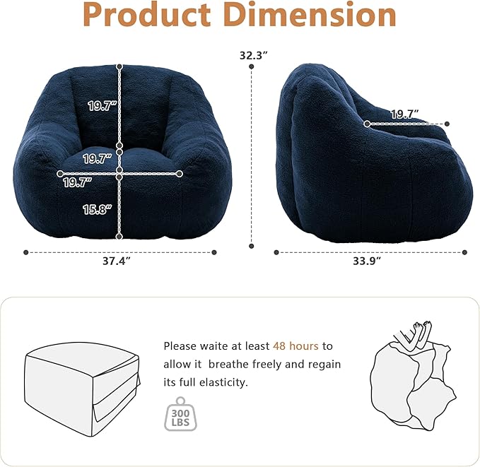 Setawix Bean Bag Chair with Filler, Comfy Teddy Bean Bag Chairs for Adults and Kids, Cozy BeanBag Sofa Fully Floor Couch with Memory Foam for Living Room Bedroom,Dark Blue