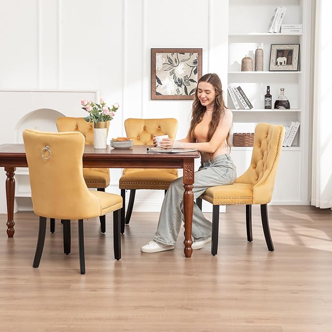 Kiztir Velvet Dining Chairs Set of 4, Upholstered Dining Chairs with Ring Pull Trim and Button Back, Luxury Tufted Dining Chair for Living Room, Bedroom, Kitchen (Gold)