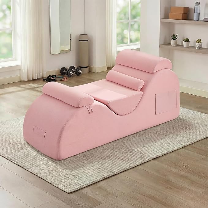 Yoga Chaise Lounge Chair, S-Shaped Floor Sofa with Moveable Headrest, Lumbar Pillow, Support Cushion, Footrest, Non-Slip Base, No-Assembly Lounger for Stretching, Meditation & Relaxation (Pink)