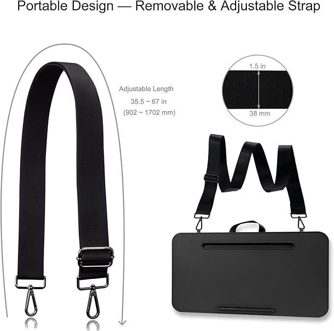 Millhome Lap Desk | Portable Laptop Desk – Fits Up to 17.3" Laptops – Washable Cushion, Adjustable Strap, Phone Holder – Ideal for Short Road Trips or Writing, Working, Reading on Bed, Couch – Black