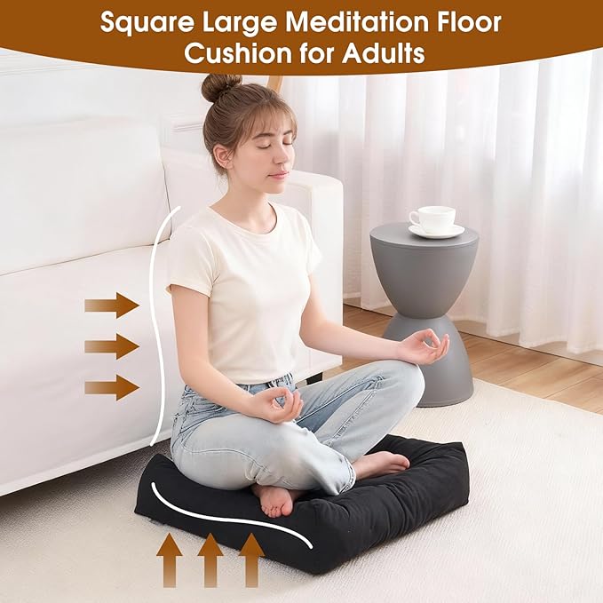 Tikuns 4Pcs Floor Pillows for Adults, 22 * 22 * 6 Inch Inch Meditation Cushions, Large Square Sitting Cushion Living Room Memory Foam Pillow for Sitting (4, Black, 22x22x6 Inch)