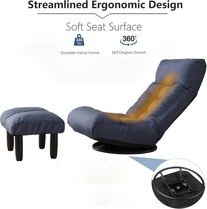 Swivel Floor Lounger with Ottoman, Comfy Reclining Lazy Floor Chair with Back Support for Adults Bedroom, Gaming & Small Living Spaces