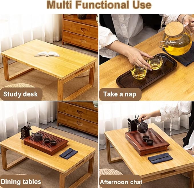 Portable Rectangle Foldable Coffee Table Japanese Tea Table, Bamboo Low Table for Sitting on The Floor, Dining Table, Tatami Table for Living Room Bedroom Meditation (Size:31.5*19.7*12.2in)