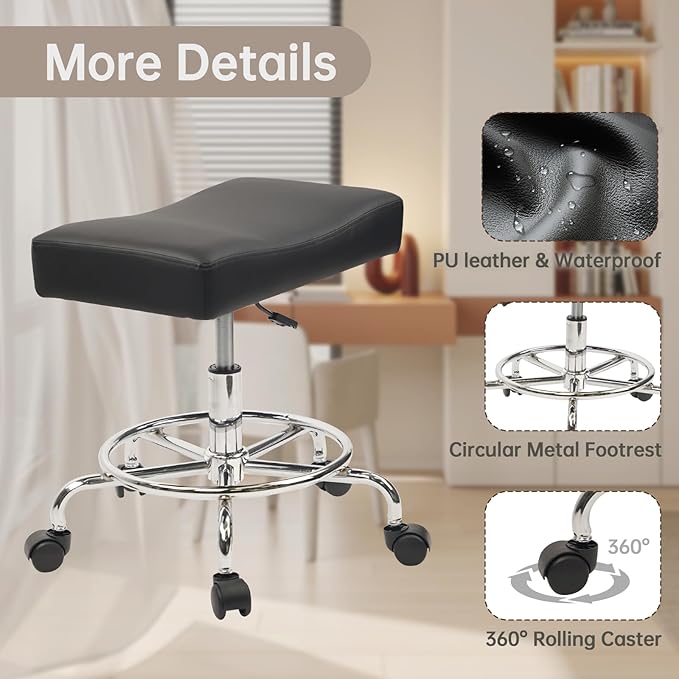 Heavy Duty, Extra Wide Rolling Stool PU Leather Thickened Seat Cushion with Foot Rest Adjustable Height Swivel with Wheels for Spa Salon Tattoo Work Massage Barstool, Black, 4 Pack