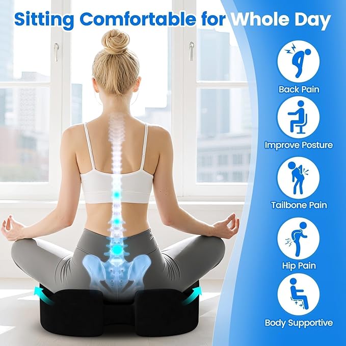 SofterCharm Seat Cushion with Carry Handle, Memory Foam for Tailbone/Sciatica Easing, Chair Cushions for Cars, Desks, Office Chair Cushion with Non-Slip Design, Ideal for Post-Surgery Recovery (Black)