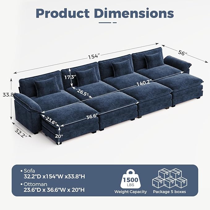 CDCASA 154" Oversized Modular Sectional Sofa Bed, Comfy Cloud Couch w/ 4 Movable Ottoman, 8-Seater Chenille Deep Seat Sofa Bed Modern Sofa Couch for Living Room, DIY Combination, Blue