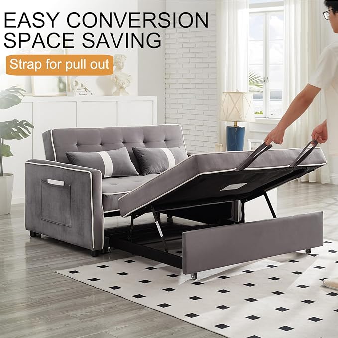 3 in 1 Convertible Loveseat Sleeper Sofa, Modern Futon Couch with Adjustable Backrest, Pull Out Sofa Bed Upholstered for Living Room Bedroom Apartment Small Space (Grey)